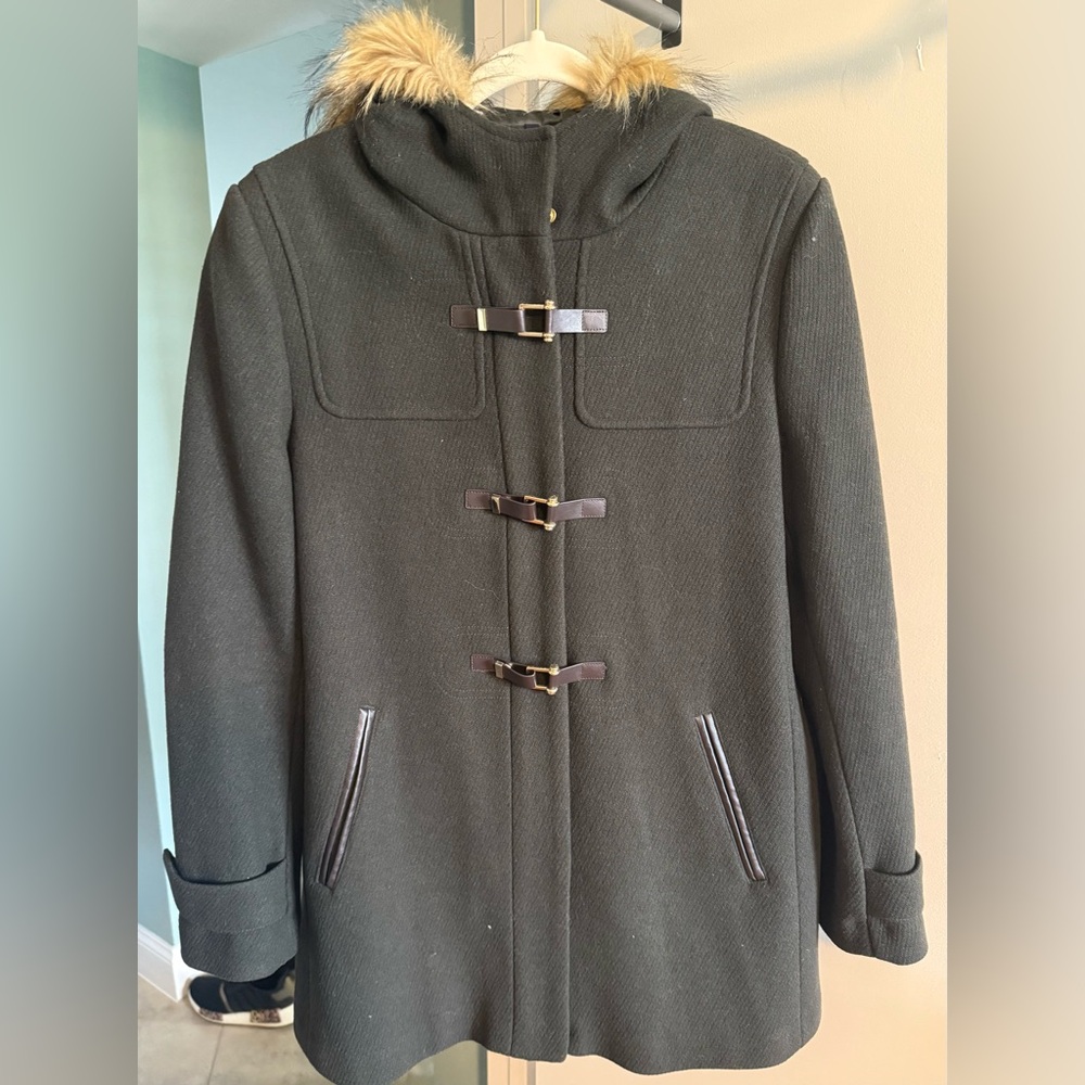 COLE HAAN Wool Blend Faux Fur Trim Hooded Coat Size 12